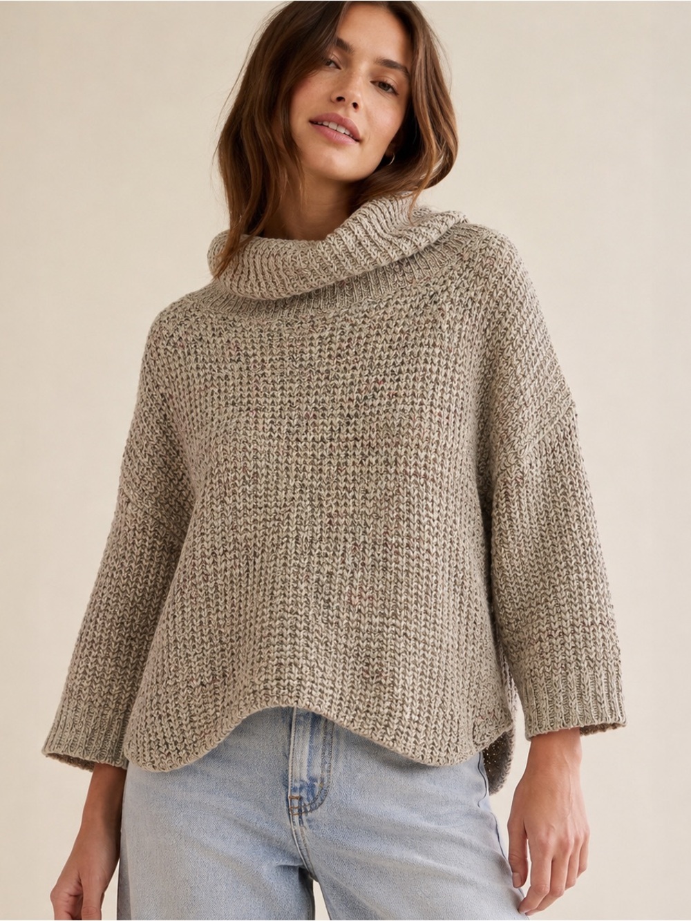 Free People Dylan Tweedy Cowl Neck Wool Linen Sweater Oatmeal Large
